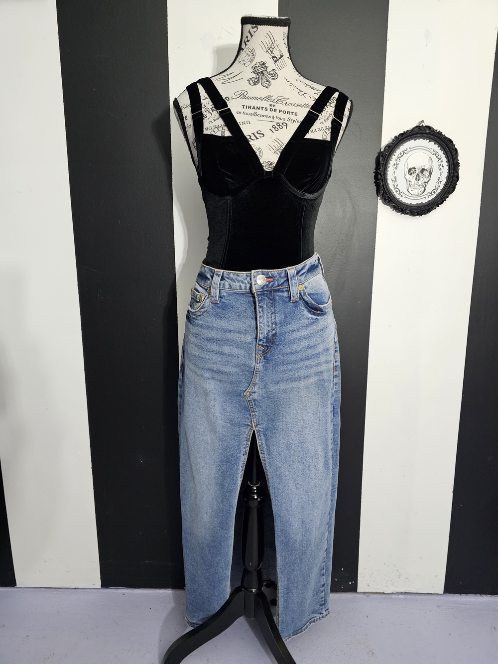 True Religion Light Blue Denim Maxi Skirt with Front Slit